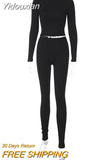 Yidouxian Ribbed Black Casual Two Piece Set Women Sexy O-neck Long Sleeve Crop Top and High Waist Pants Matching 2023 Tracksuits