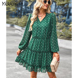 Yidouxian Printed Short Dress 2023 New Women Autumn Winter V Neck Long Sleeve Lace Up All Match A Line Dress