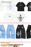 Yidouxian Straight Casual Loose Y2K Jeans Women Hip Hop Retro Skull Embroidery Washed Baggy Denim Pants Wide Leg Trouser Streetwear