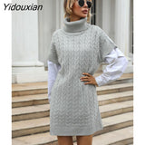 Yidouxian & NORA Autumn Women Short Sleeve Soild Colour Long Knit Sweater Dress Ladies Turtleneck Loose Pullover Casual Tops Fashion