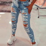 Yidouxian Women’s Slim Fit Jeans Fashion Solid Color Ripped Hole Tassel Stretch High-Waist Ladies Denim Pencil Long Pants Trousers