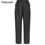 Yidouxian Casual Irregular Trousers For Women High Waist Lace Up Button Straight Slim Pants Female Autumn Fashion New 2023