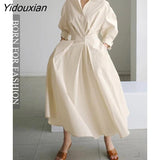 Yidouxian Ladies Autumn Slim Shirt Dress Elegant Long Sleeve Lapel Neck Maxi Dress Women Solid Color Casual Vestidos Femme Robe