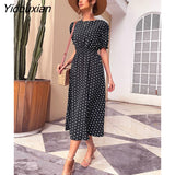 Yidouxian & NORA Elegant Summer Beach Sundress Midi Dress Women Boho Chiffon Polka Dot Casual Mid-length Temperament Retro Dresses