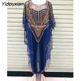 Yidouxian 2023 New African Women's Fashion Gown Chiffon Batwing Sleeve Sequins And Fringes Loose, Versatile Dress With Free Size