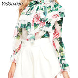 Yidouxian Perspective Tops Female Bowknot Flare Long Sleeve Ruffle Shirt Blouse Women Korean Fashion Clothes 2023 Spring