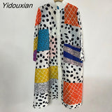 Yidouxian 2023 New Miyaki Pleated Stand Collar Single Breasted Color Block Elegant Women's Dress Loose Mid Length Cardigan