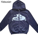 Yidouxian Men Star Letter Printed Hoodies Harajuku High Street Hooded Sweatshirts Y2K Streetwear Hip Hop Gothic Zip Up Loose Jacket Coats 1003