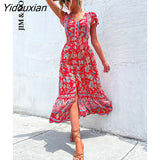 Yidouxian & NORA Vintage Floral Boho Printed Vestidos Women Short Sleeves V Neck Slit Midi Dresses A Line Bohemian Summer Beach Dress