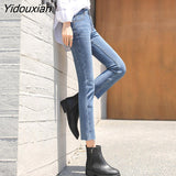 Yidouxian blue women jeans ankle length girls y2k straight good stretch vintage streetwear denim pants Kor fashion Trousers 2023