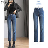 Yidouxian blue women jeans ankle length girls y2k straight good stretch vintage streetwear denim pants Kor fashion Trousers 2023