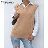 Yidouxian & NORA Women Autumn Knit Sweater Vest Loose Sleeveless Soild Colour V Neck Pullover Tops Casual Oversize Office Wear Fashion