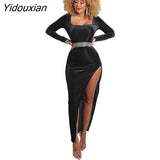 Yidouxian Velvet High Waist Slit Maxi Dress for Women Sexy Long Sleeve Bodycon Evening Party Dress Clubwear Female Vestido Autumn