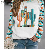 Yidouxian Autumn Winter Retro Western Ethnic Geometric Print Sweatshirt Women's Casual Round Neck Vintage Loose Street Sweatshirts