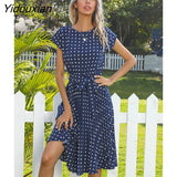 Yidouxian & NORA Women Short Sleeve Polka Dot Print Vestido A-line Floral Elegant High Waist Pleat Casual Midi Dresses Beach Sundress
