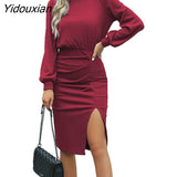 Yidouxian Autumn Knitted Bodycon Dress for Women Long Sleeve High Waist Ruched Slit Black Dress Ladies Casual Vestido 2023 Clothes