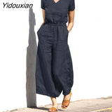 Yidouxian ZANZEA Femme V-Neck Short Sleeve Button Pockets Rompers Women Summer Solid Jumpsuit Elegant Vintage Casual Oversized Pant