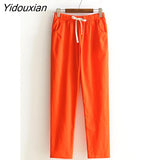 Yidouxian Summer Woman Pants Cotton Linen Elastic Waist Harem Pants Loose Casual Solid Linens Ankle Length Capris Women's Trousers