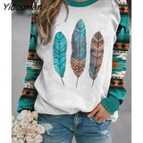 Yidouxian Autumn Winter Retro Western Ethnic Geometric Print Sweatshirt Women's Casual Round Neck Vintage Loose Street Sweatshirts