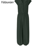 Yidouxian Lapel Short Sleeve Overalls Women Fashion Long Jumpsuits 2023 Summer Solid OL Rompers Casual Loose Maxi Playsuit Oversize