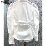 Yidouxian White Patchwork Pearl Shirt For Women Lapel Puff Sleeve Solid Straight Button Through Blouse Female Clothing 2023