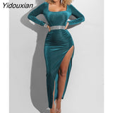 Yidouxian Velvet High Waist Slit Maxi Dress for Women Sexy Long Sleeve Bodycon Evening Party Dress Clubwear Female Vestido Autumn