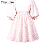 Yidouxian Sweet Women Digital Printing Square Neck Dress 2023 Lantern Short-sleeve with Open Back Puffy French Princess Dresses