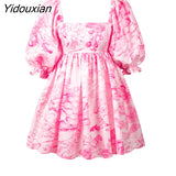 Yidouxian Sweet Women Digital Printing Square Neck Dress 2023 Lantern Short-sleeve with Open Back Puffy French Princess Dresses