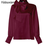 Yidouxian 2023 Fashion Women Bow Tie Blouses Spring Casual Tops Elegant Satin Lantern Sleeve Office Lady Shirts Blusas Femininas