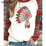 Yidouxian Autumn Winter Retro Western Ethnic Geometric Print Sweatshirt Women's Casual Round Neck Vintage Loose Street Sweatshirts