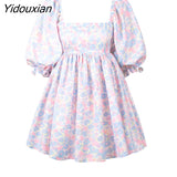 Yidouxian Sweet Women Digital Printing Square Neck Dress 2023 Lantern Short-sleeve with Open Back Puffy French Princess Dresses