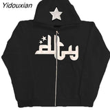 Yidouxian Men Star Letter Printed Hoodies Harajuku High Street Hooded Sweatshirts Y2K Streetwear Hip Hop Gothic Zip Up Loose Jacket Coats