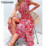 Yidouxian & NORA Vintage Floral Boho Printed Vestidos Women Short Sleeves V Neck Slit Midi Dresses A Line Bohemian Summer Beach Dress