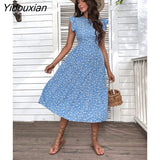 Yidouxian & NORA Beach Vestidos 2023 Summer Short Sleeve Round Neck Midi Dresses Casual Floral Printed Swing Tunic Vintage Dress 420-2