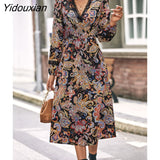 Yidouxian & NORA Women Bohemian Dress Long Sleeve Boho Floral Printed V Neck Midi Dresses Ladies Holiday Outdoor Casual Vestidos New