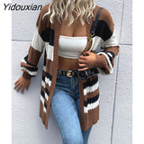 Yidouxian & NORA Women Autumn Long Sleeve Patchwork Soild Colour Knit Cardigan Long Sweater Coat Fashion Outdoor Warm Ladies Casual