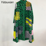 Yidouxian 2023 New Miyaki Pleated Stand Collar Single Breasted Color Block Elegant Women's Dress Loose Mid Length Cardigan