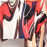 Yidouxian 2023 New Miyake Women's Fashion Print Top Stand Collar Slim Long Sleeve T-shirt Undercoat+Pleated Half Skirt