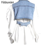 Yidouxian Elegant Two Piece Set For Women Lapel Puff Sleeve Shirt Sleeveless Denim Cross Coat Casual Sets Female 2023 Autumn