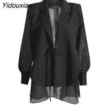 Yidouxian Lace Up Blazer For Women Notched Collar Long Sleeve Patchwork Sheer Mesh Solid Blazers Female Clothing New Fashion