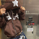 Yidouxian Star Patch Hoodies Women Harajuku Punk Gothic Loose Hooded Sweatshirt Male Hip Hop Long Sleeve Zipper Jacket Y2K Clothes