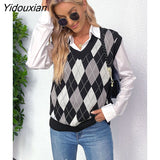 Yidouxian & NORA Women Plaid Print Sleeveless V Neck Knit Sweater Vest Ladies Fashion Patchwork Loose Casual Pullover Tops Oversize
