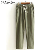 Yidouxian Summer Woman Pants Cotton Linen Elastic Waist Harem Pants Loose Casual Solid Linens Ankle Length Capris Women's Trousers