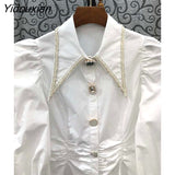 Yidouxian White Patchwork Pearl Shirt For Women Lapel Puff Sleeve Solid Straight Button Through Blouse Female Clothing 2023