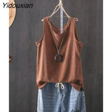 Yidouxian Women's Tank Top Cotton Line Solid Color  Loose Vest Shirt Sleeveless Female V Neck Basic Woman Summer Tanks Camis