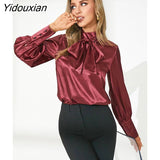 Yidouxian 2023 Fashion Women Bow Tie Blouses Spring Casual Tops Elegant Satin Lantern Sleeve Office Lady Shirts Blusas Femininas