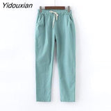 Yidouxian Summer Woman Pants Cotton Linen Elastic Waist Harem Pants Loose Casual Solid Linens Ankle Length Capris Women's Trousers