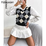 Yidouxian & NORA Women Plaid Print Sleeveless V Neck Knit Sweater Vest Ladies Fashion Patchwork Casual Slim Fit Pullover Tops