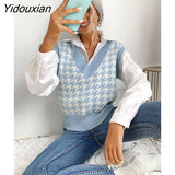 Yidouxian & NORA Women Zigzag Floral Print Sleeveless V Neck Knit Sweater Vest Ladies Fashion Patchwork Casual Slim Fit Pullover Tops