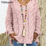 Yidouxian Winter 2023 Hollow Out Women Sweater Fashion Oversize Knitwear Pullovers Pink Casual Loose Knitted Sweater Jumper